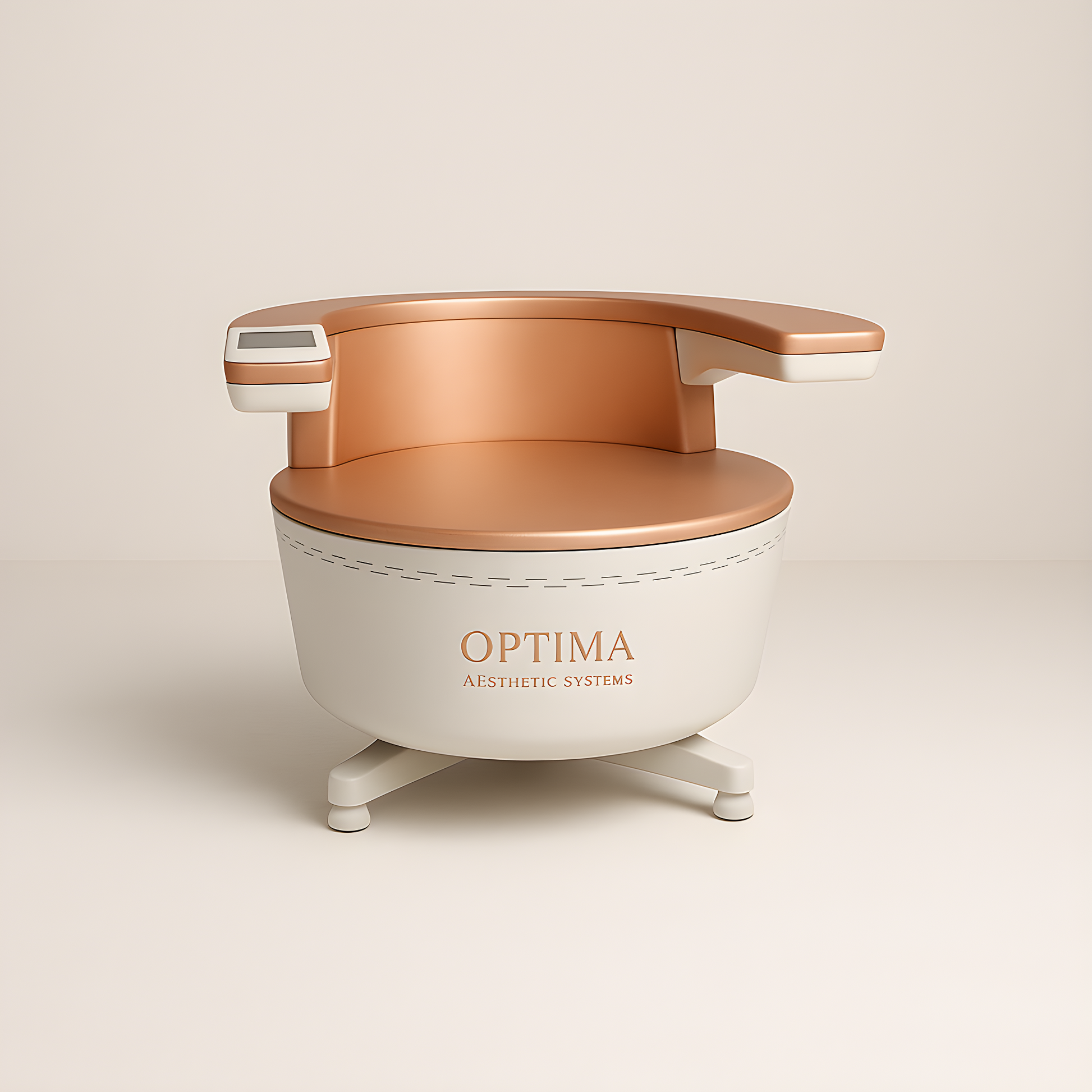 Pelvic Floor EMS Chair with rose gold  and white base, featuring the brand 'Optima Aesthetic Systems'.